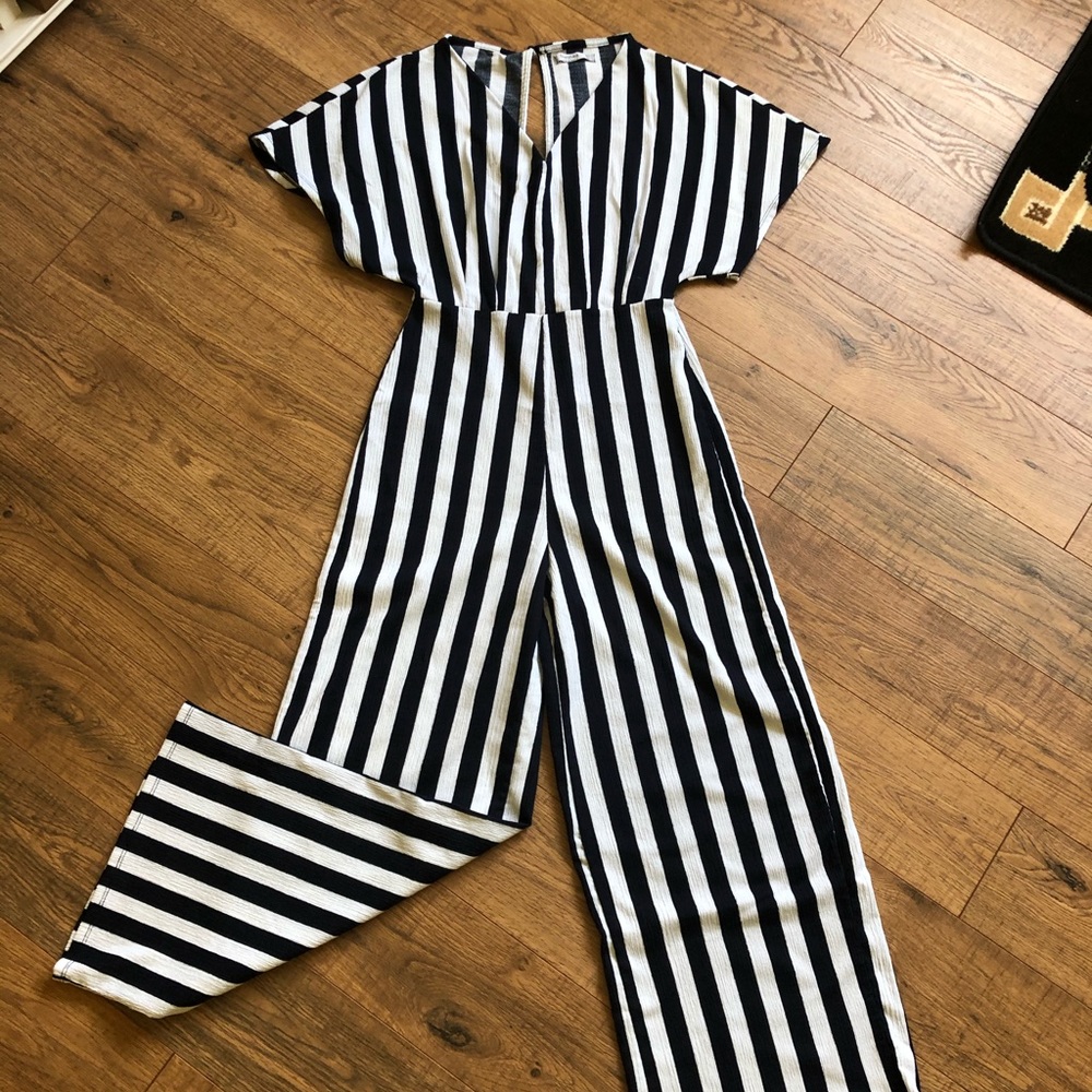 Bershka V-Neck Navy Striped Batwing Jumpsuit